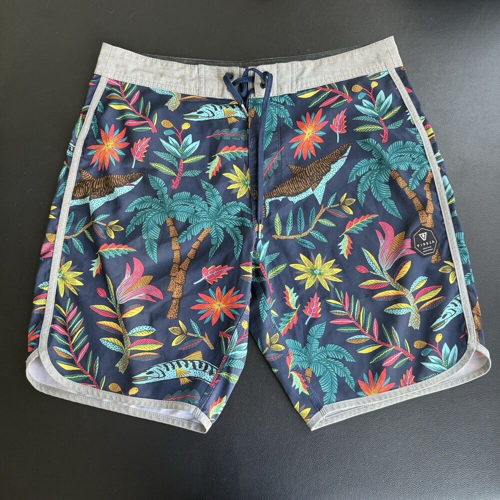 Vissla Board Shorts 32 Navy Blue Shark Floral Tropical Surf Beach Swim Trunks